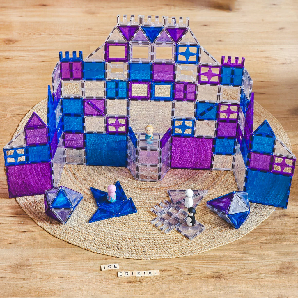 Colorful geometric building blocks set on a woven mat with 'Ice Crystal' branding.