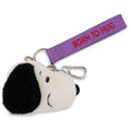Plush dog keychain with a purple strap labeled 'Born to Hug' on a white background