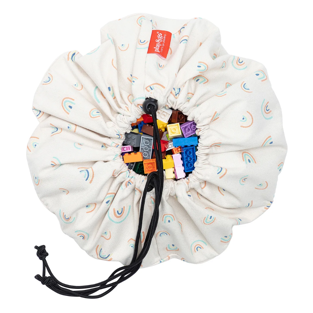 Drawstring bag with colorful building blocks and a visible brand logo on a white background