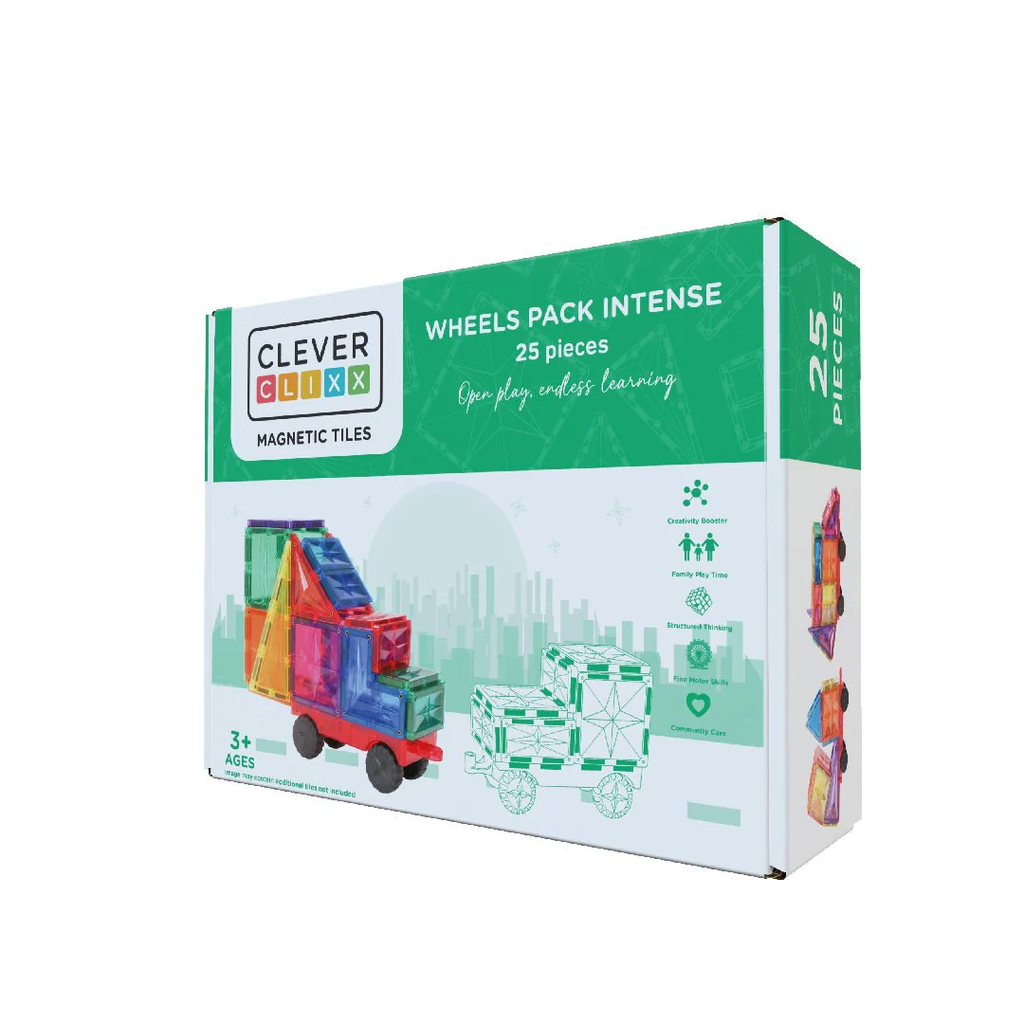 Box of Clever Clixx magnetic tiles with colorful wheels on a white background