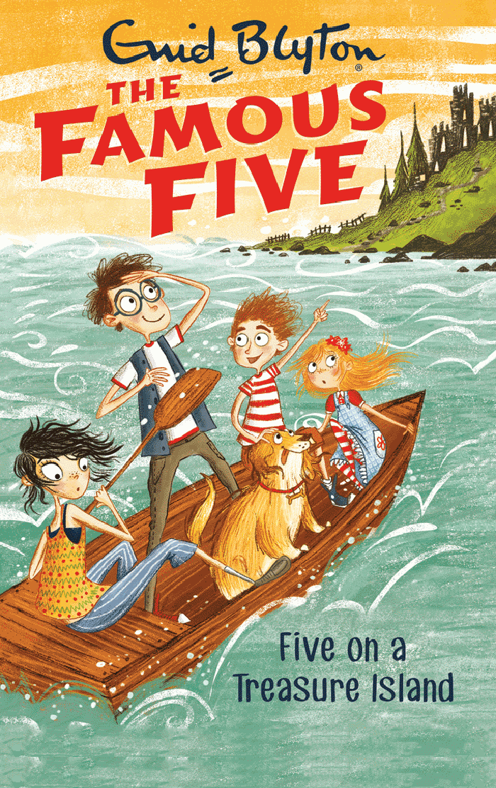 Book cover of 'Five on a Treasure Island' from 'The Famous Five' series by Enid Blyton.