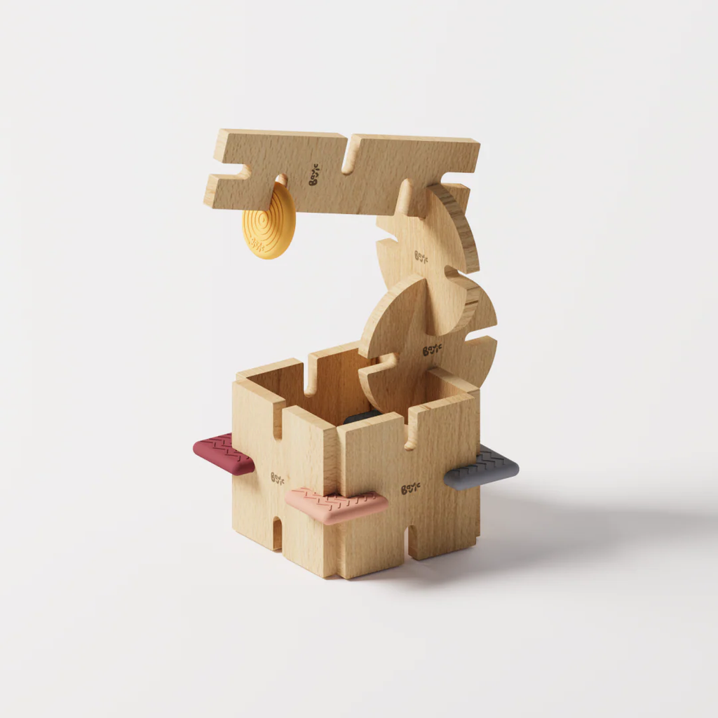 Wooden toy with moving parts on a white background