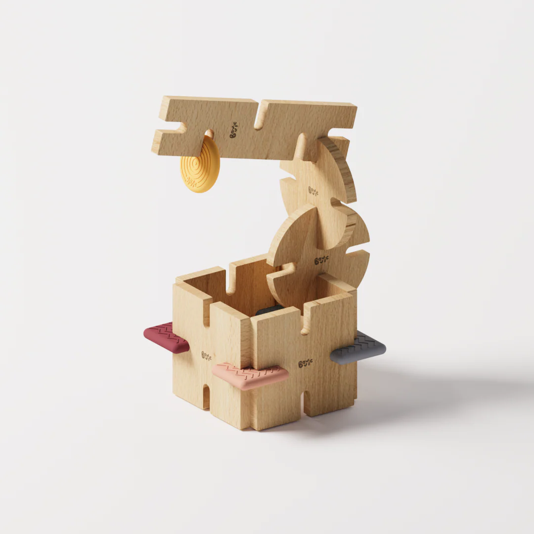 Wooden toy with moving parts on a white background