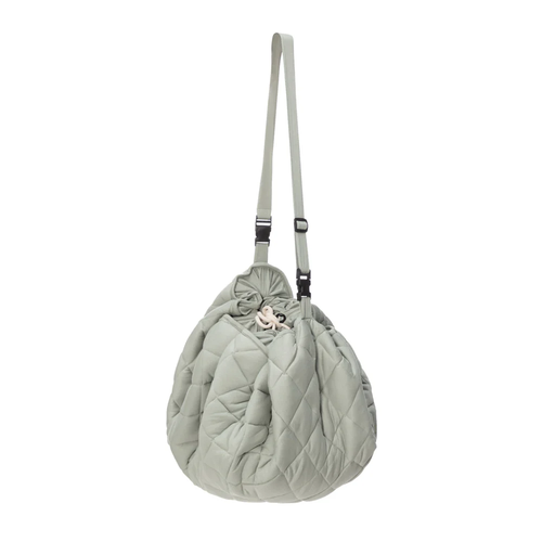 Light gray quilted handbag with a strap on a white background