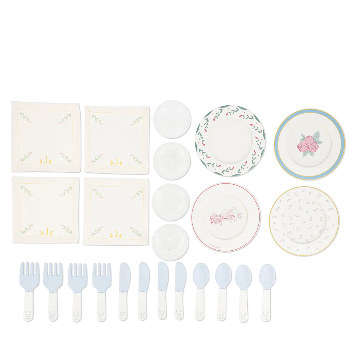 Tableware set with plates, bowls, and cutlery on a white background