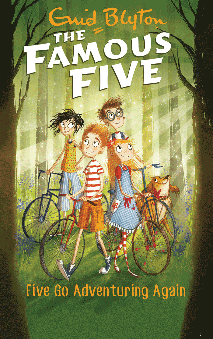 Book cover of 'The Famous Five' series with four children and a fox on bicycles in a forest.
