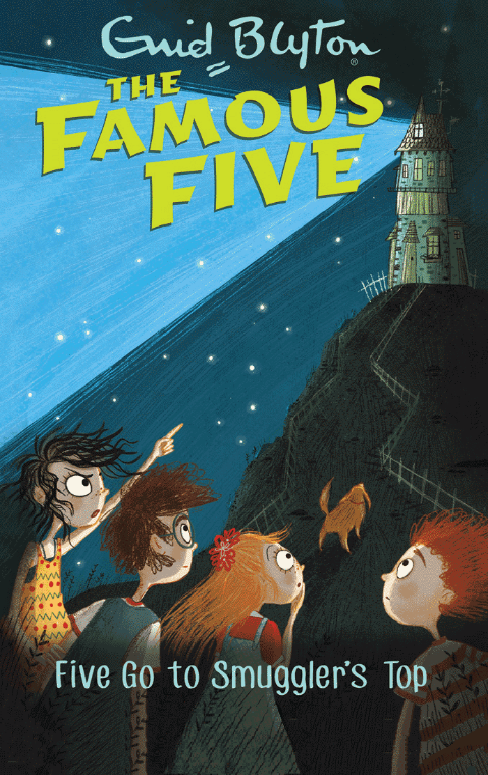 Book cover of 'The Famous Five' series with characters on a mountain top.