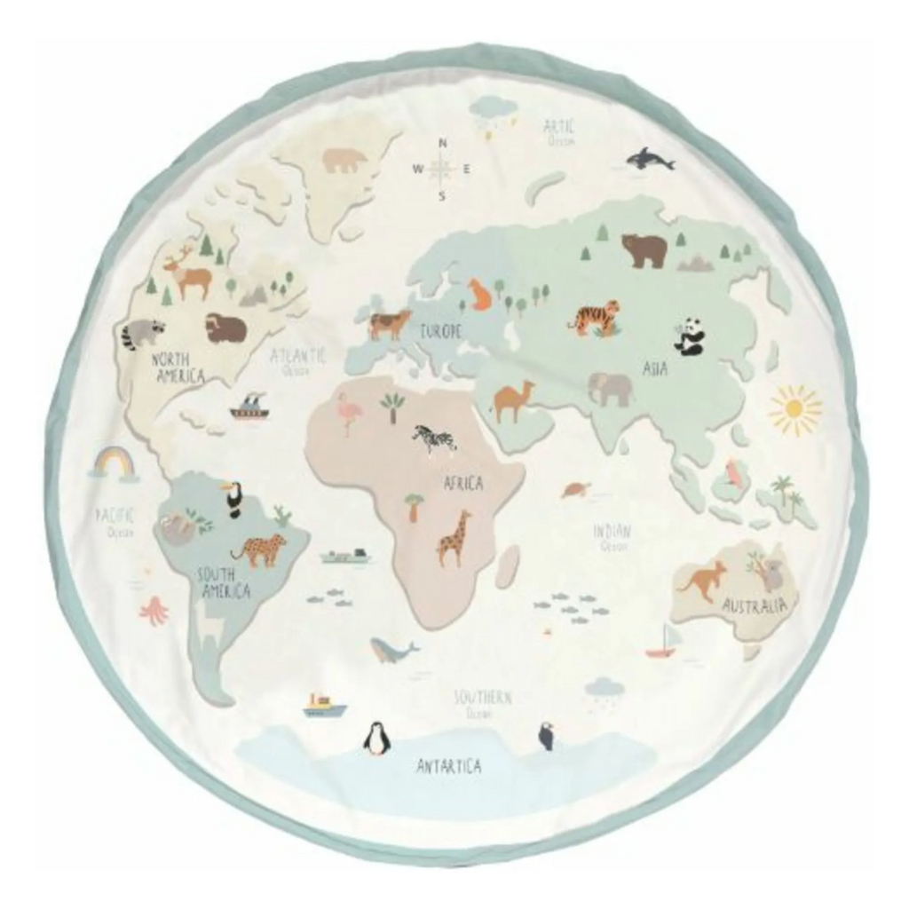 Round world map with animals on a white background