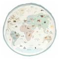 Round world map with animals on a white background