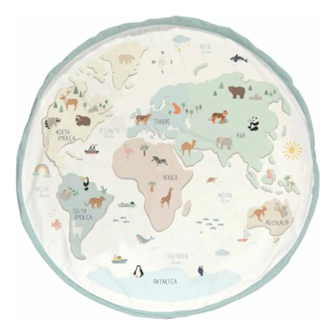 Round world map with animals on a white background