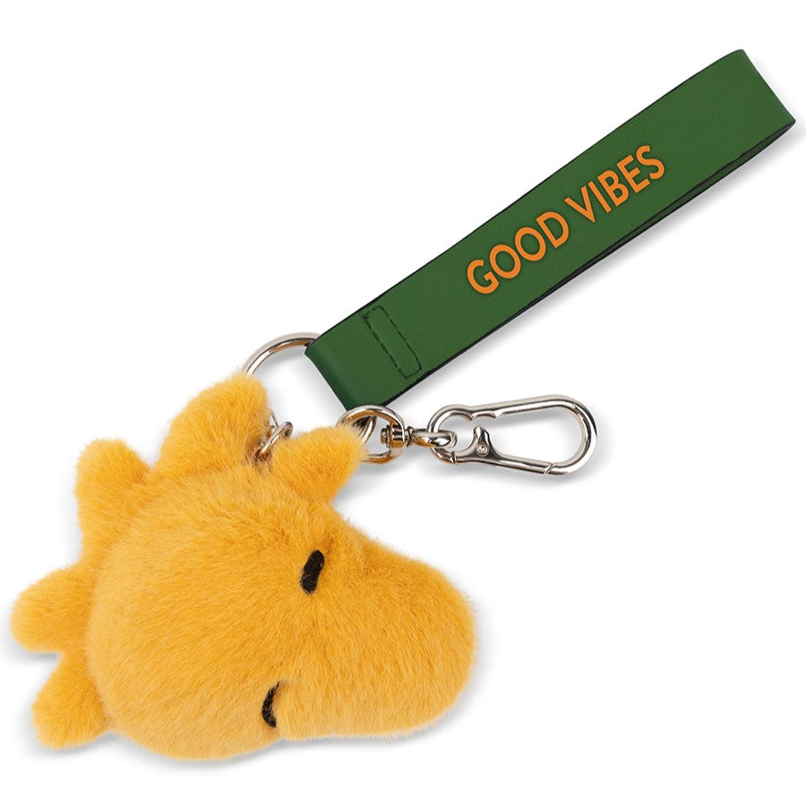 Yellow plush sun keychain with a green strap labeled 'GOOD VIBES' on a white background