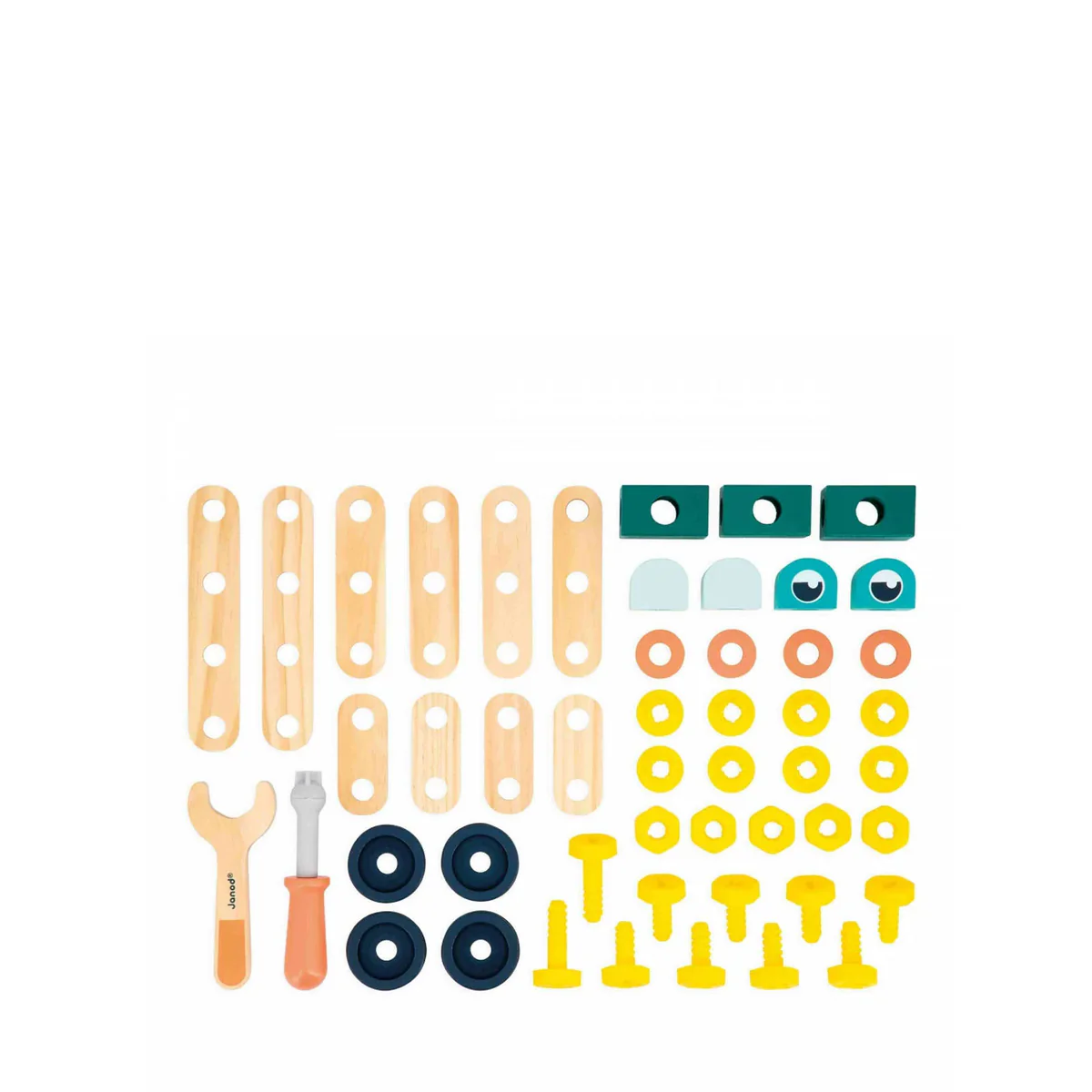 Set of building block parts including beams, connectors, and eyes on a white background