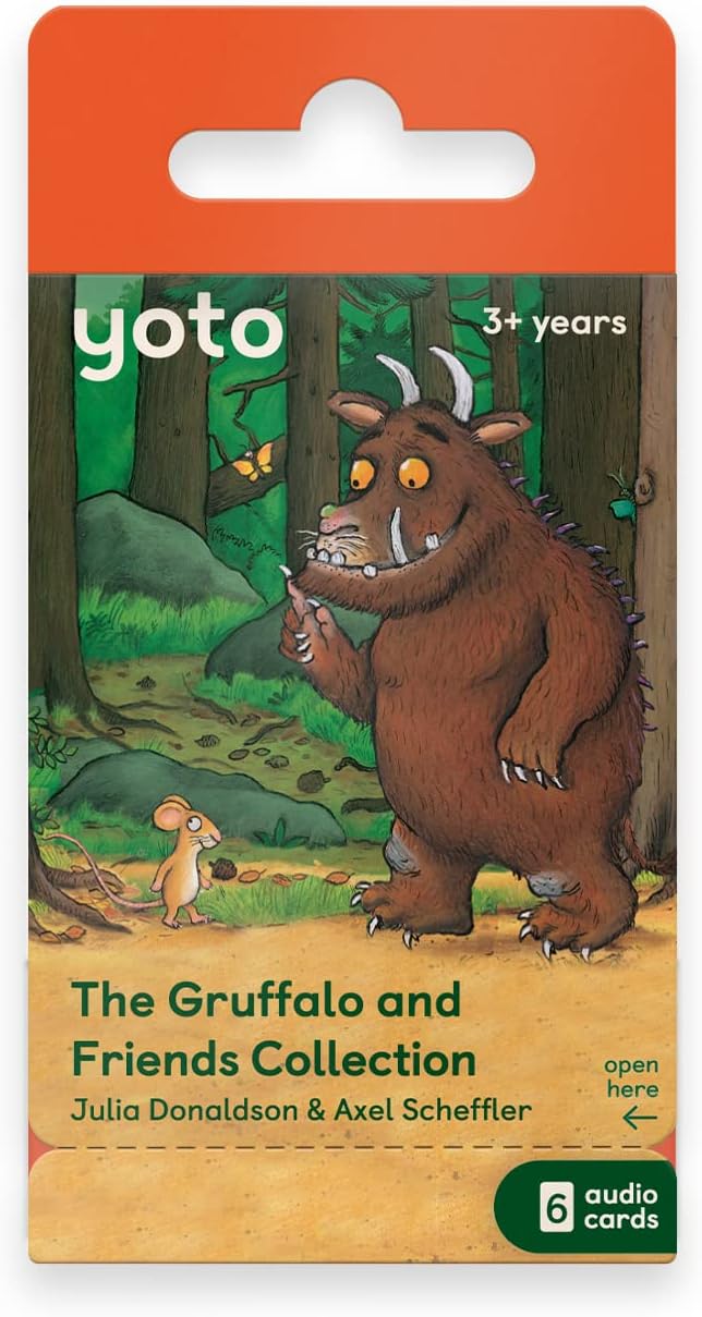 Yoto audio card packaging featuring The Gruffalo and Friends Collection with a cartoon bear and mouse in a forest.