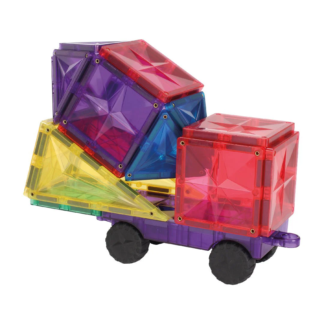 Colorful magnetic building blocks with a transparent design on a white background