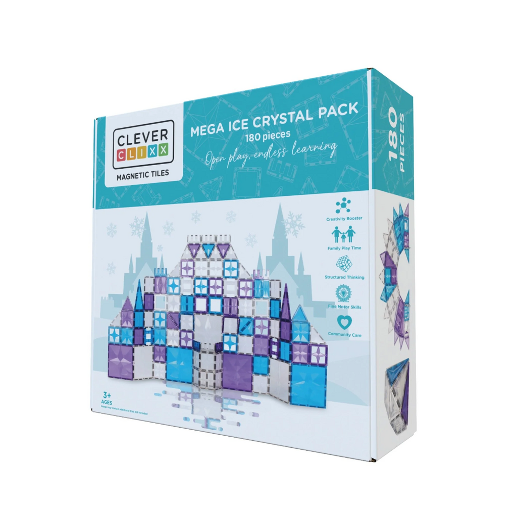 Box of Clever Clicx Mega Ice Crystal Pack magnetic tiles on a white background
