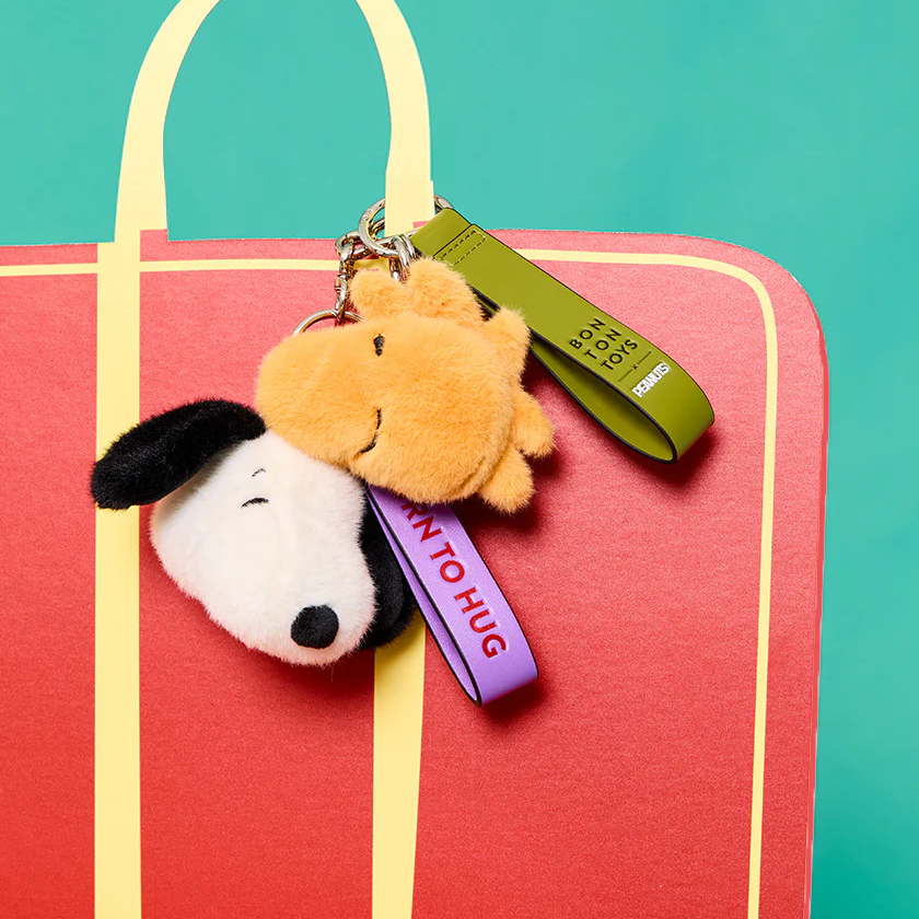 Plush keychain with a dog and cat design on a red bag against a teal background