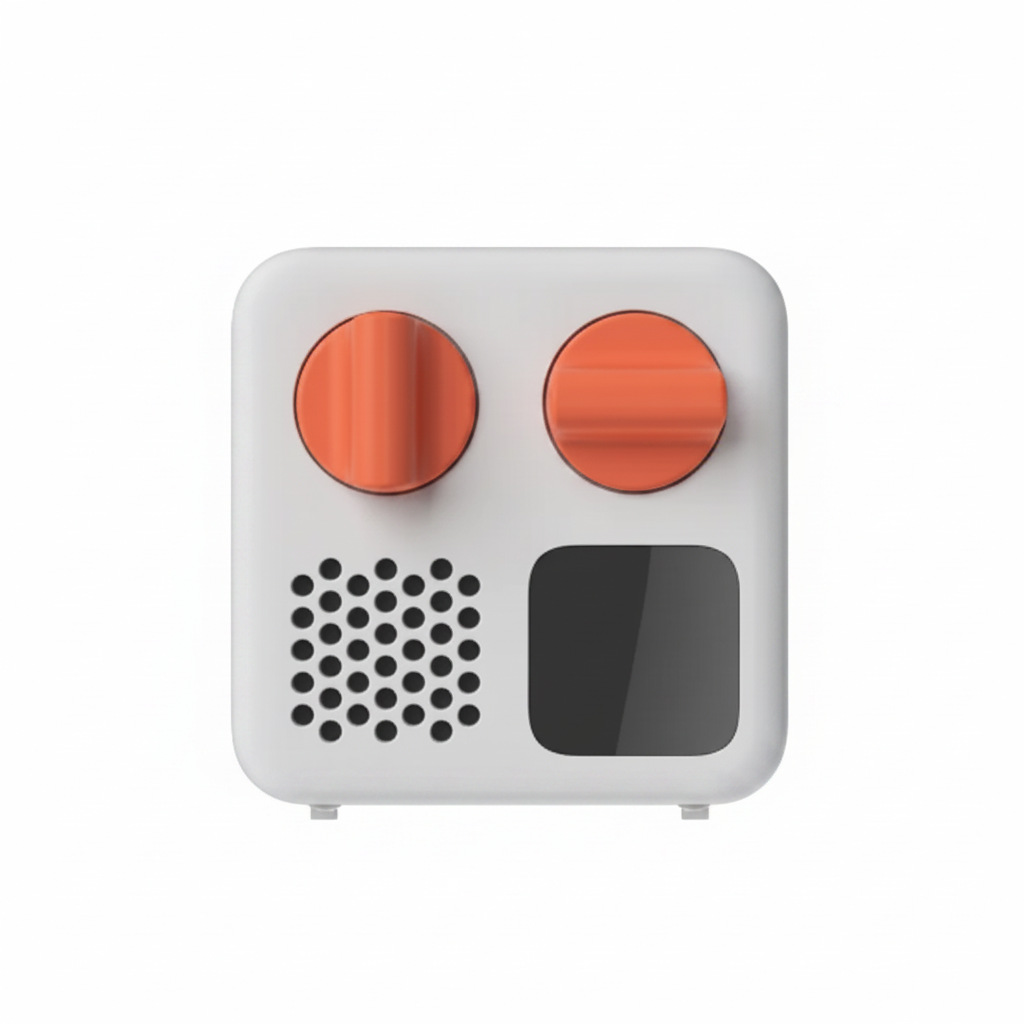 Small white Yoto Mini device with orange buttons and a black square on a white background