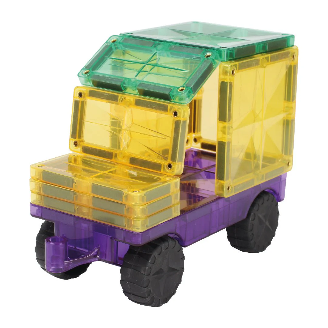 Toy truck with transparent yellow body, green roof, and purple base on a white background