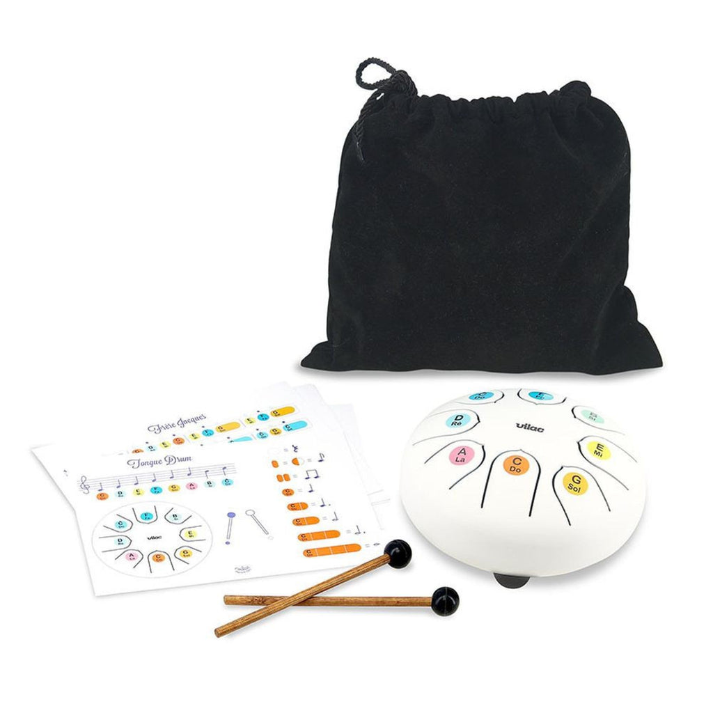 Tangram drum set with black carrying bag, drumsticks, and instruction sheet on a white background