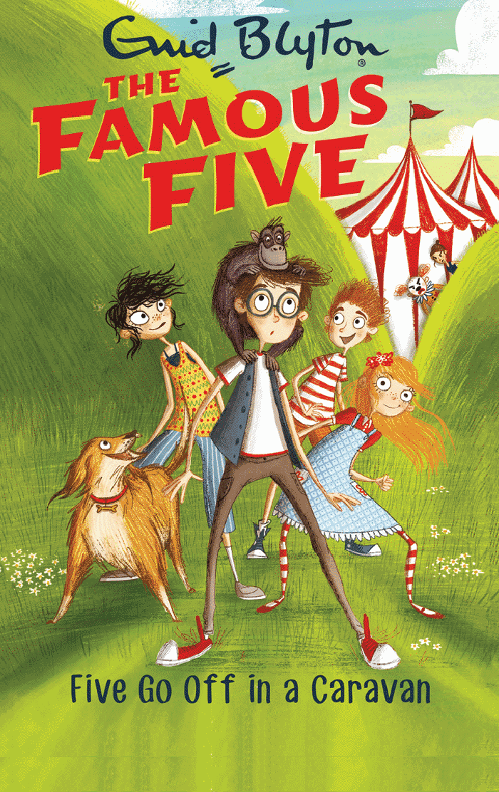 Book cover of 'The Famous Five' series with five children and a dog in front of a caravan and circus tent.