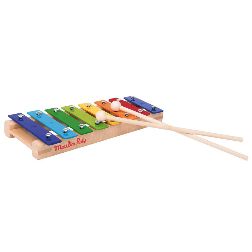 Colorful wooden xylophone with two mallets on a white background