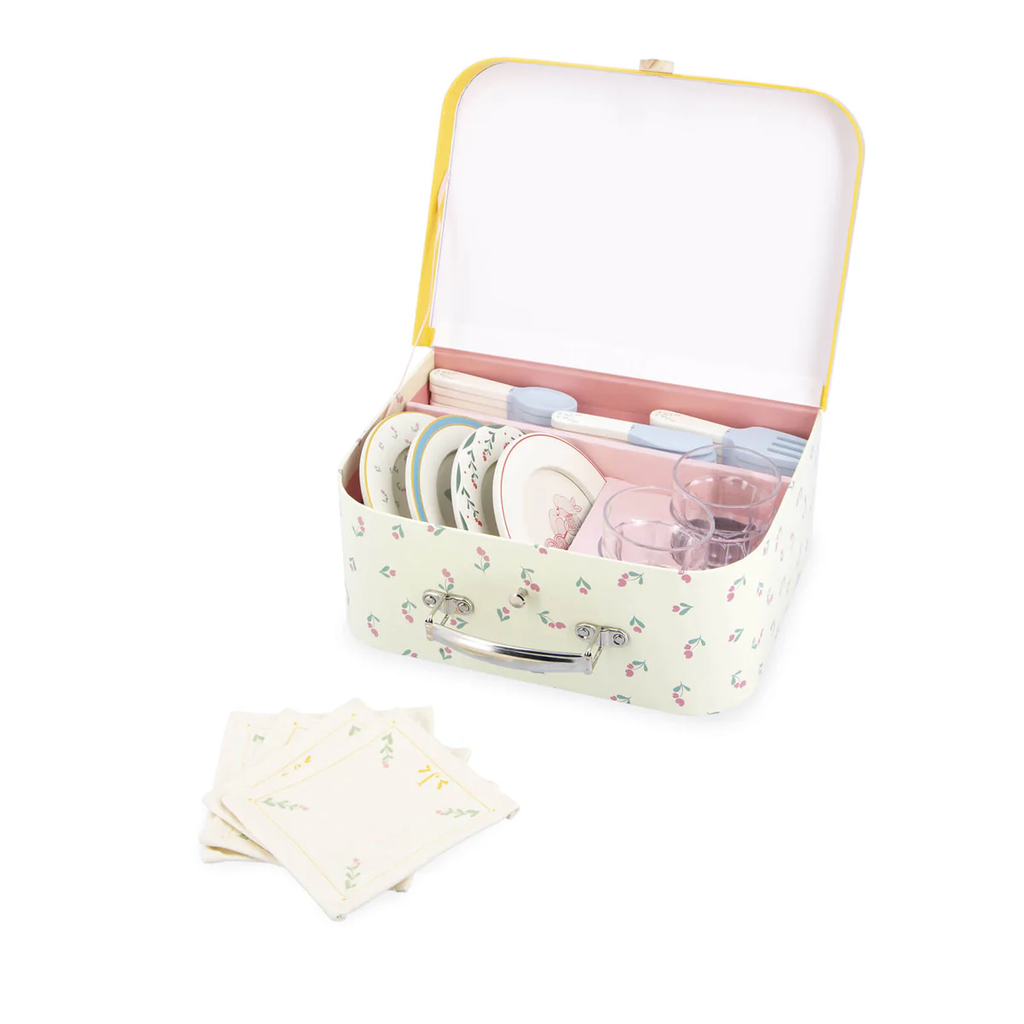 Floral-patterned picnic kit with accessories on a white background