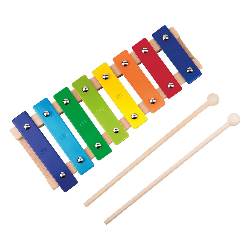 Colorful wooden xylophone with two mallets on a white background