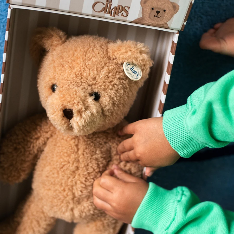Child holding a teddy bear in a box with 'El Chavo' branding
