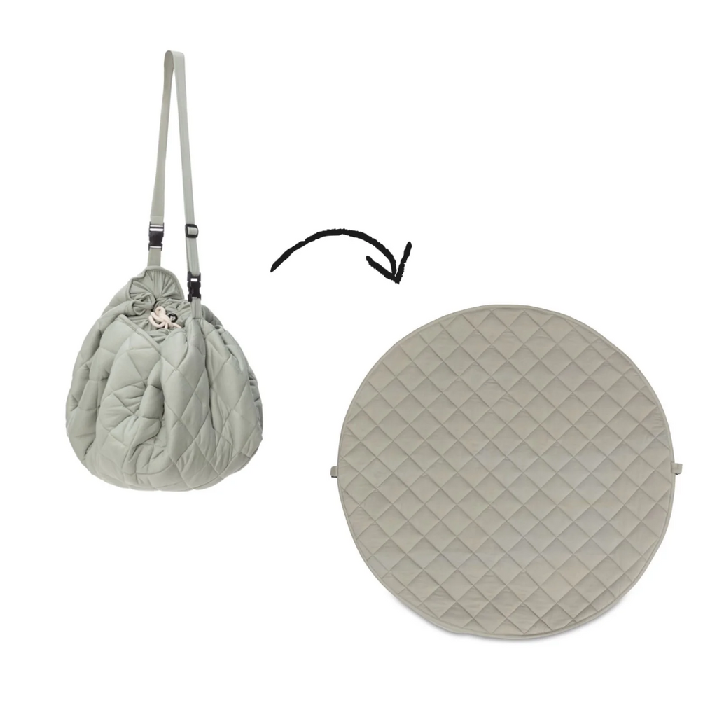 Quilted gray bag transforming into a round mat with an arrow indicating the transformation.