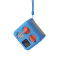Mini Yoto with Blue sleeve and a lanyard on a white background
