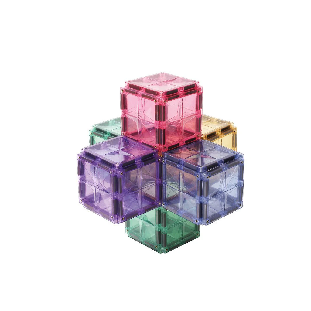 Stack of colorful transparent cube-shaped objects on a white background