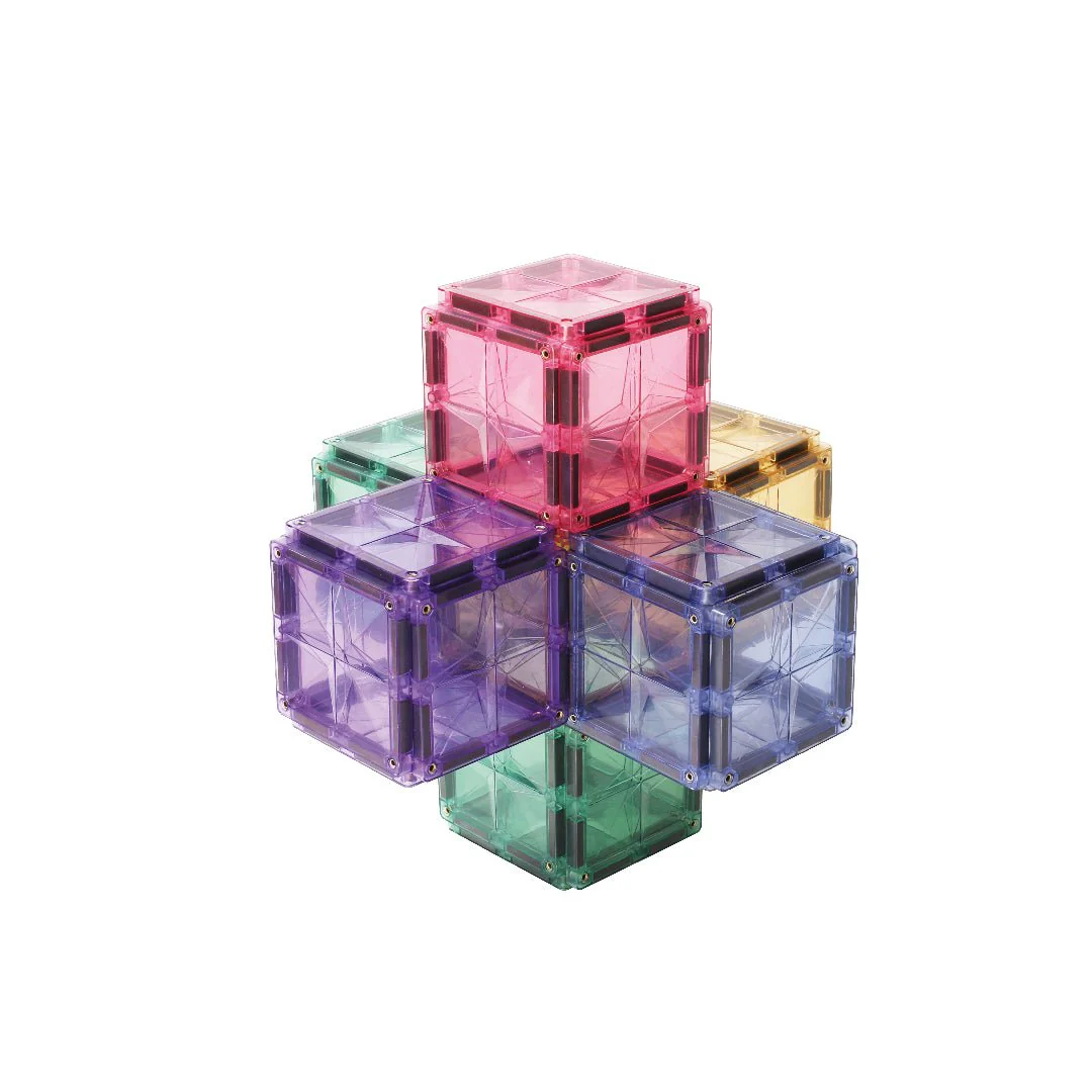 Stack of colorful transparent cube-shaped objects on a white background