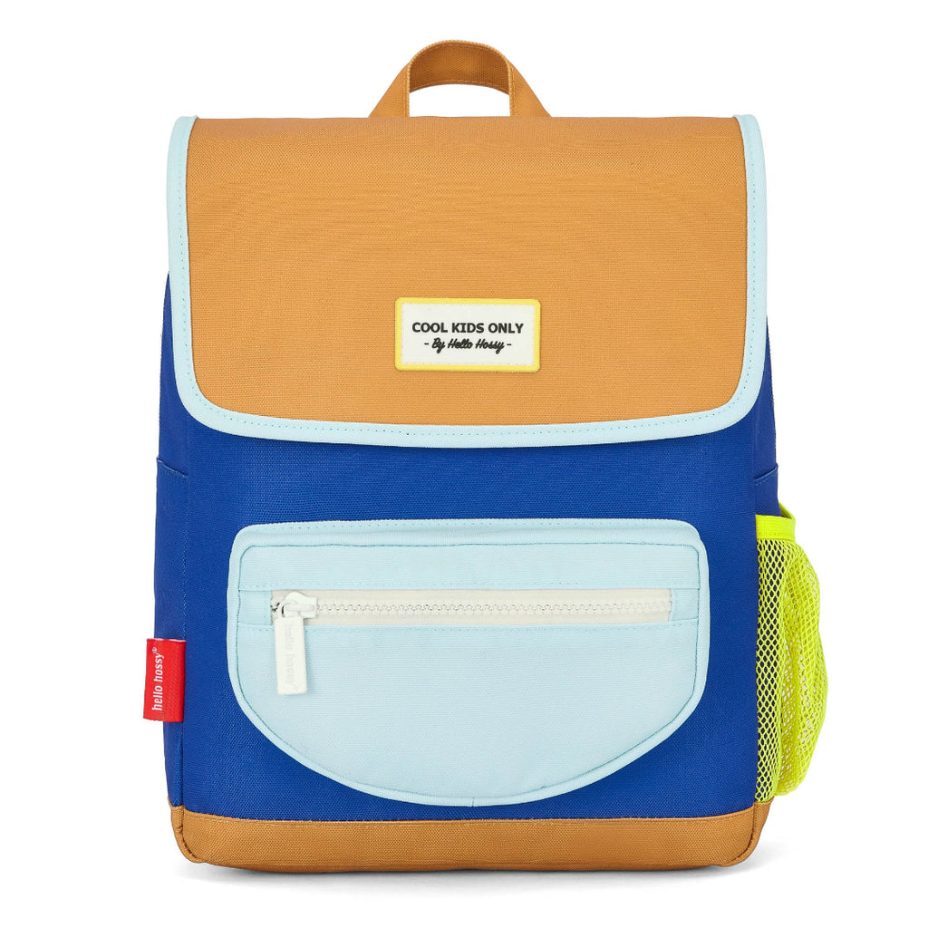Blue and brown backpack with a pocket and 'Cool Kids Only' label on a white background