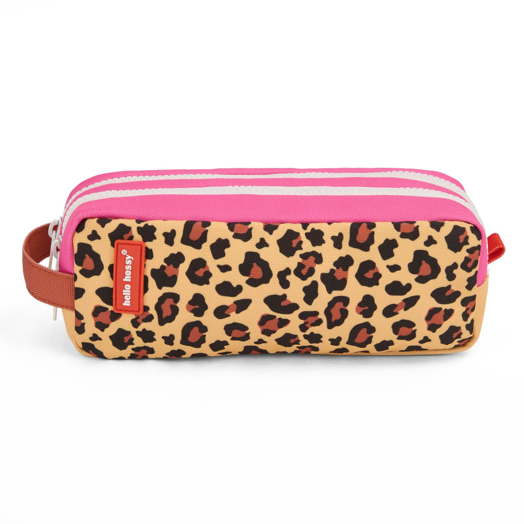 Leopard print pencil case with pink top and red label on a white background