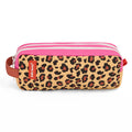 Leopard print pencil case with pink top and red label on a white background