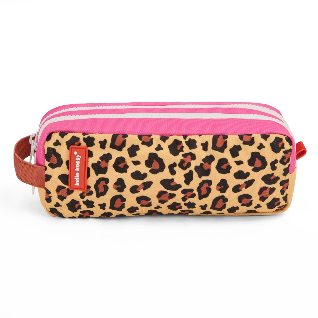 Leopard print pencil case with pink top and red label on a white background