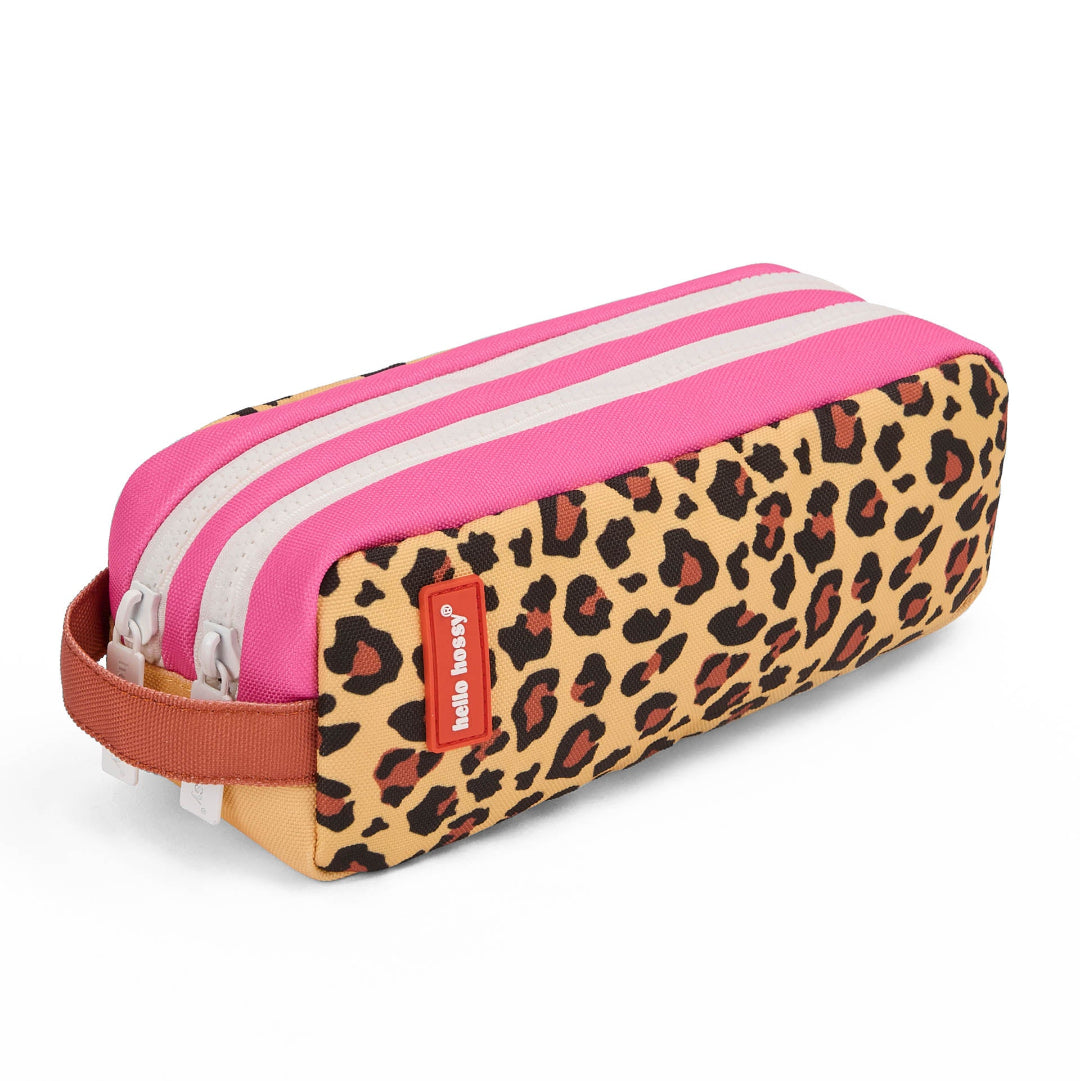Leopard print pencil case with pink stripes and a red label on a white background