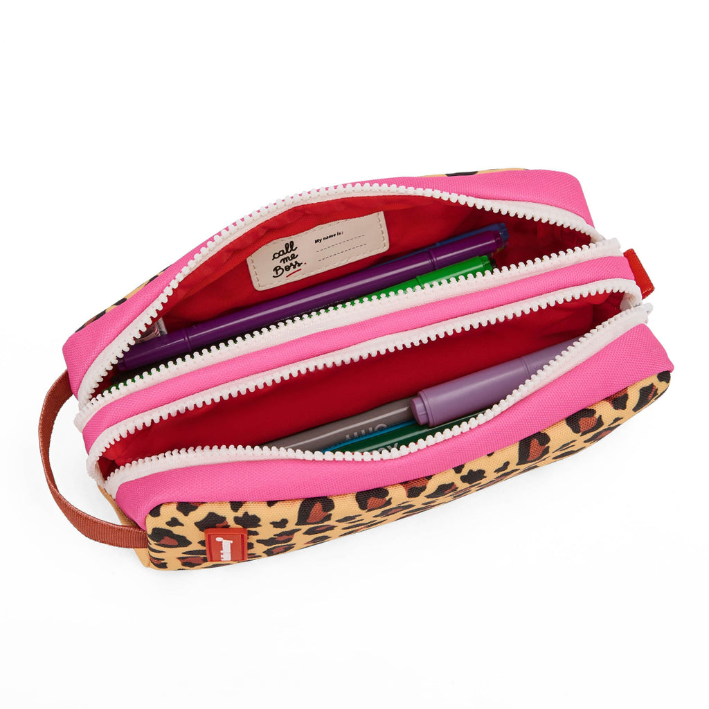 Pink and leopard print pencil case with stationery items on a white background