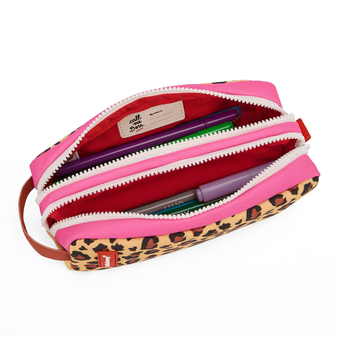 Pink and leopard print pencil case with stationery items on a white background