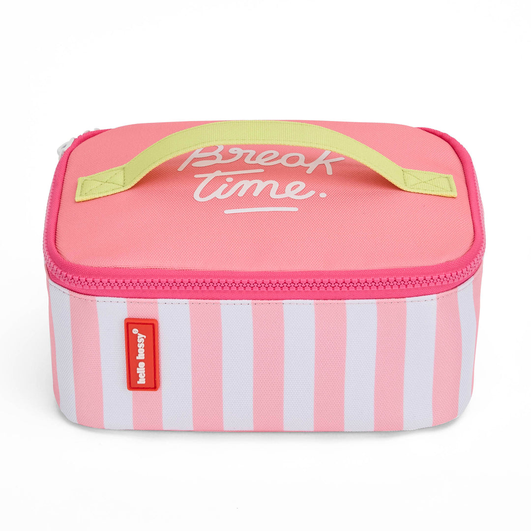 Pink and white striped lunch bag with 'Break Time' text and a red label on a white background