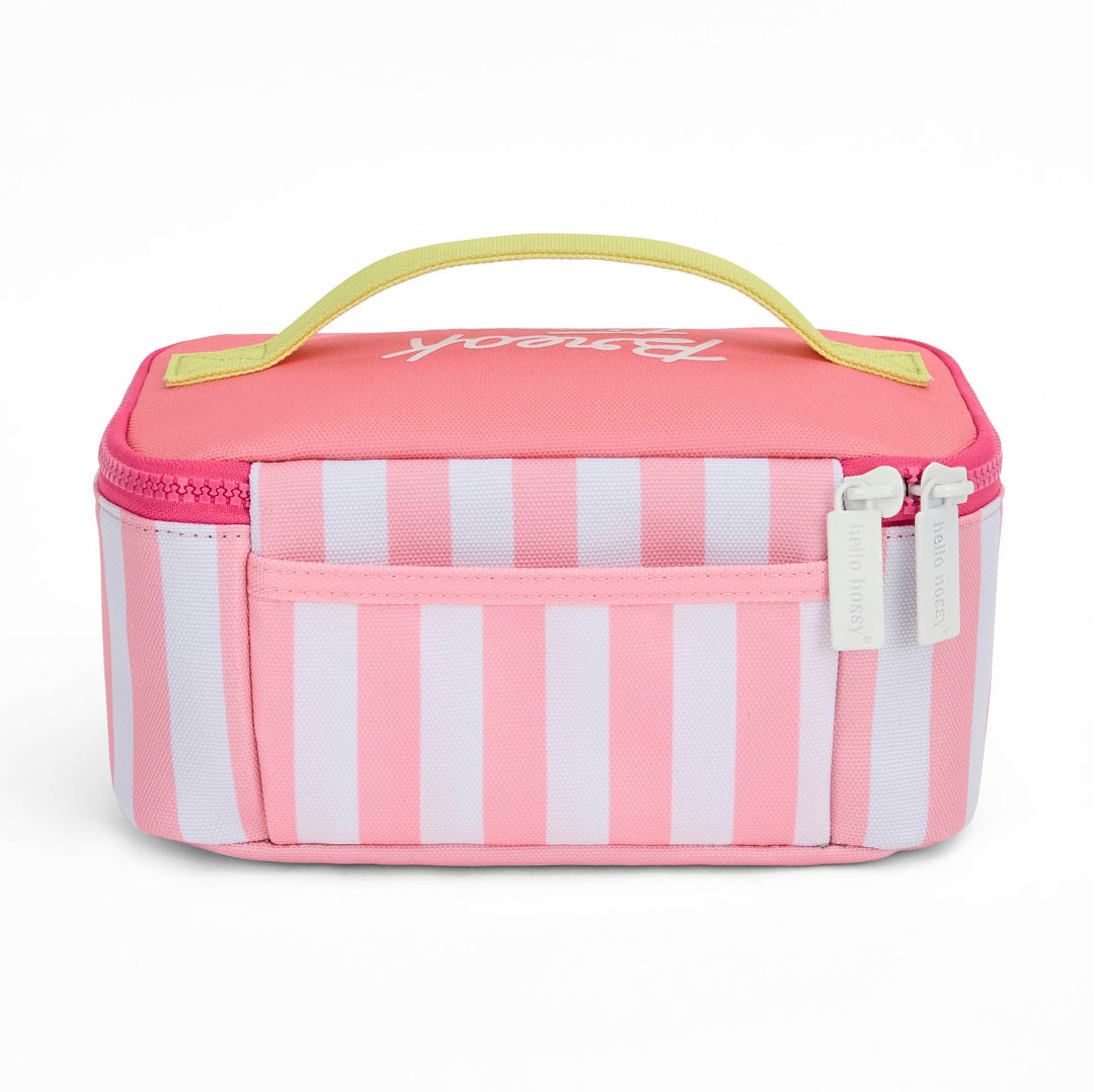 Pink and white striped soft-sided lunch bag with a light yellow handle and white zipper pulls, shown on a white background.