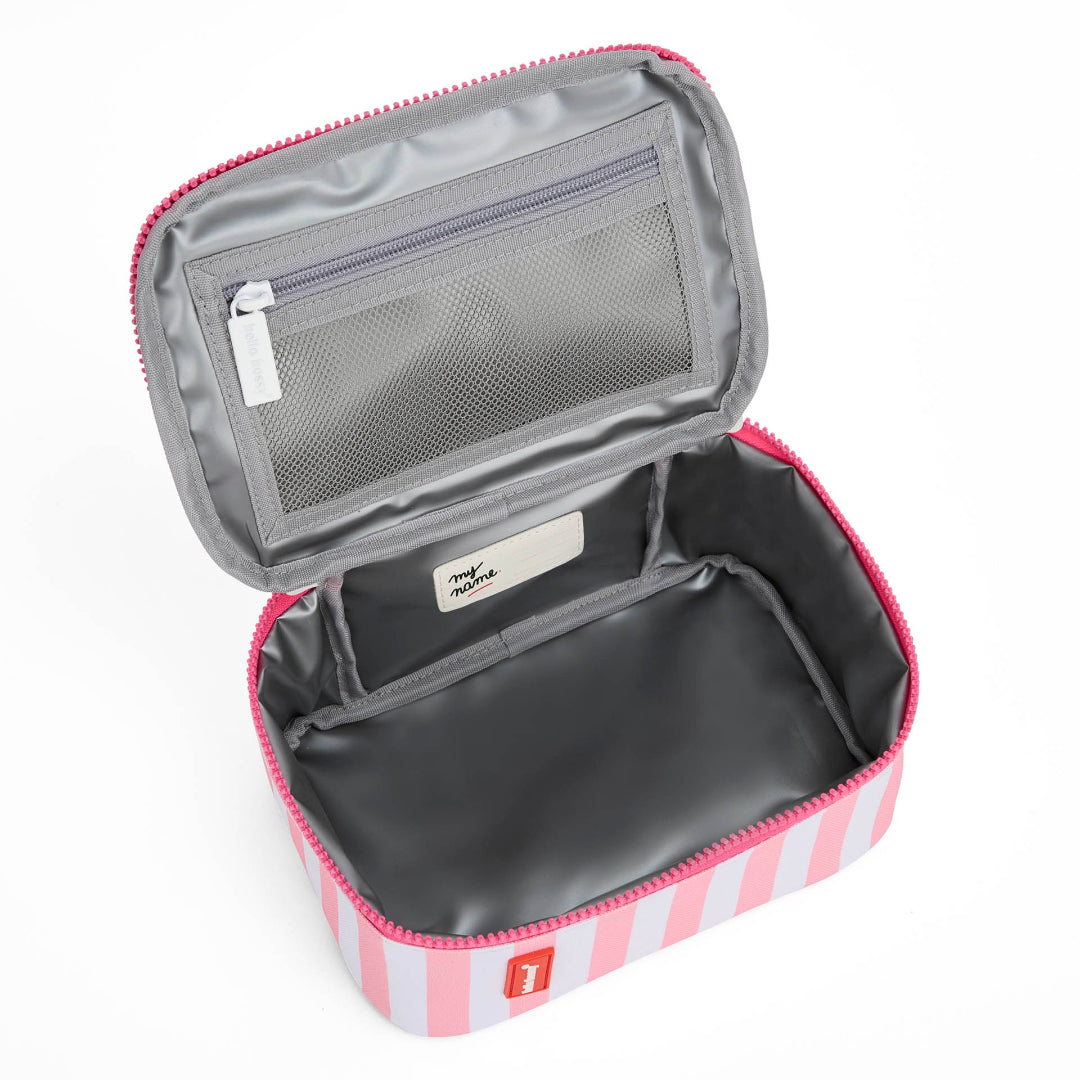 An open rectangular zippered organizer case with a pink and white striped exterior, gray interior lining, mesh pocket on the lid, and a small red logo tab on the front.