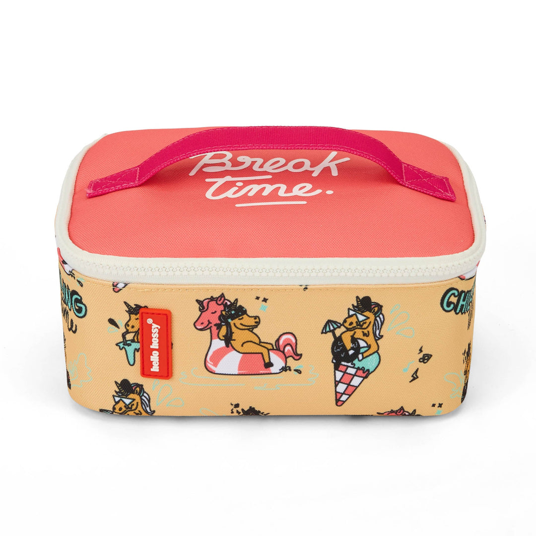 Rectangular lunch box with cartoon designs and 'Break Time' text on a white background
