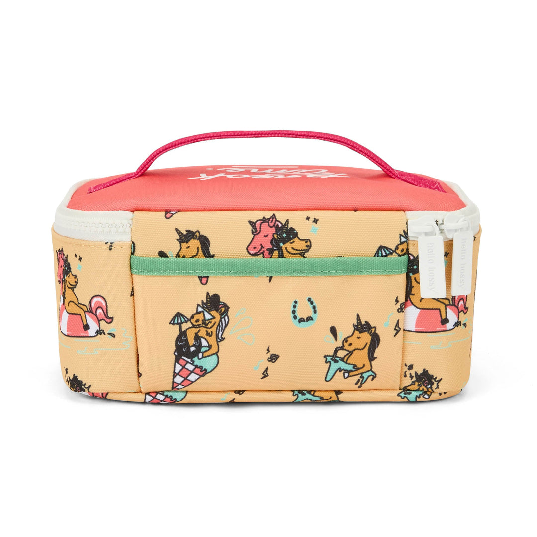 Lunch bag with horse pattern and pink top on a white background