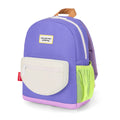 Multicolored backpack with a visible brand label on a white background