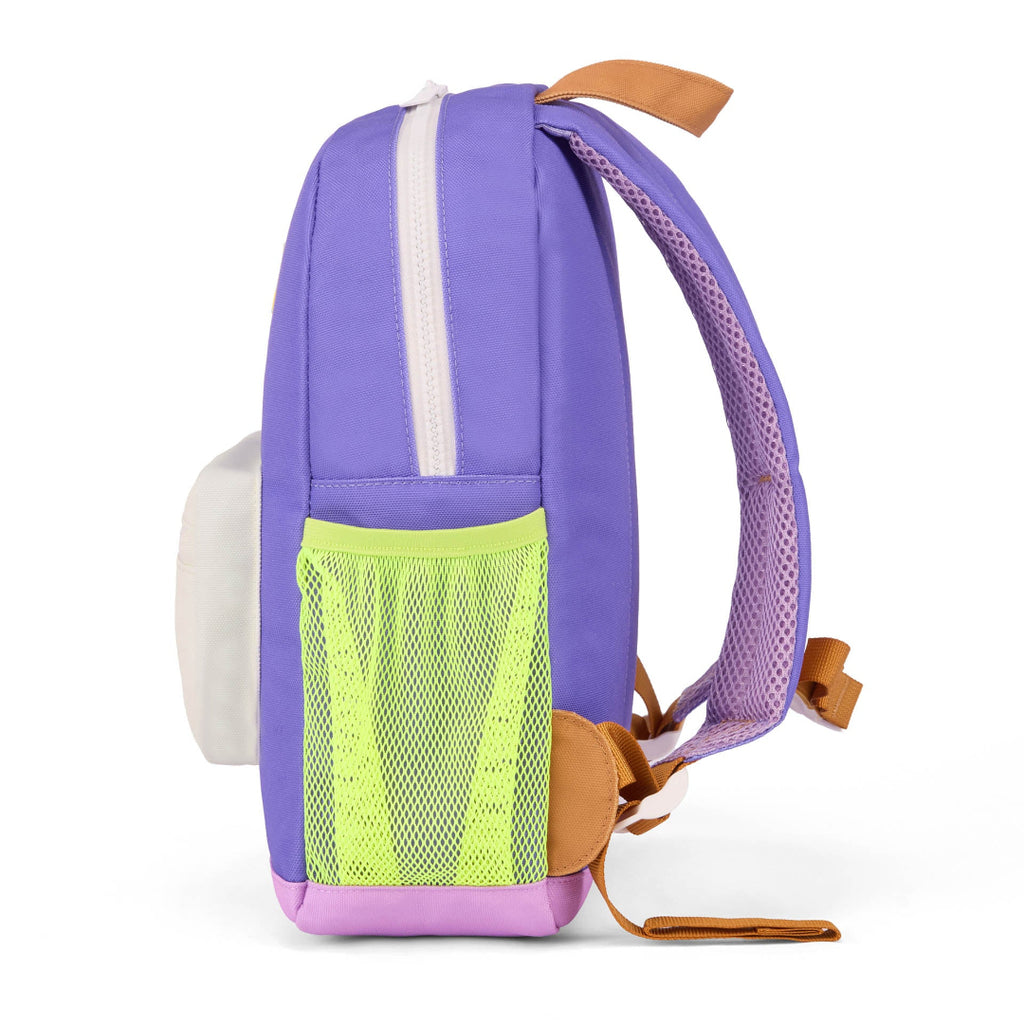 Purple backpack with a yellow mesh pocket on a white background