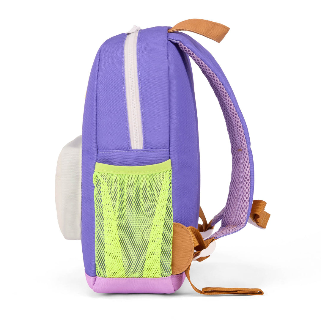 Purple backpack with a yellow mesh pocket on a white background