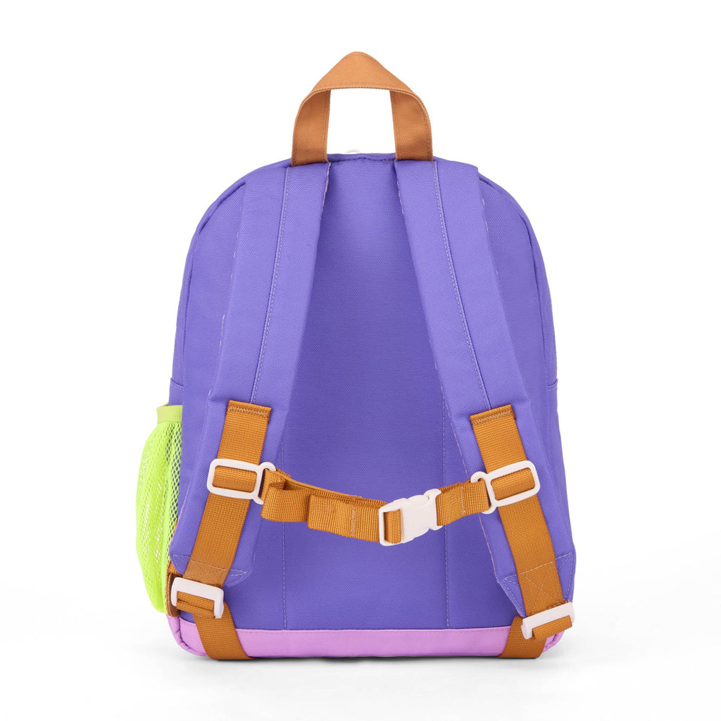 Purple backpack with brown straps on a white background