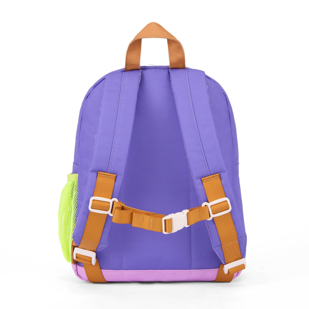 Purple backpack with brown straps on a white background