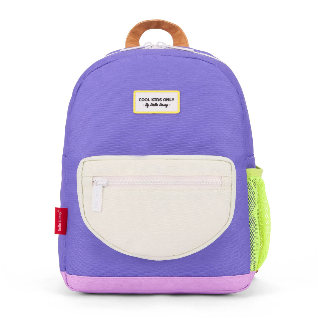 Purple backpack with a cream pocket and brown handle on a white background